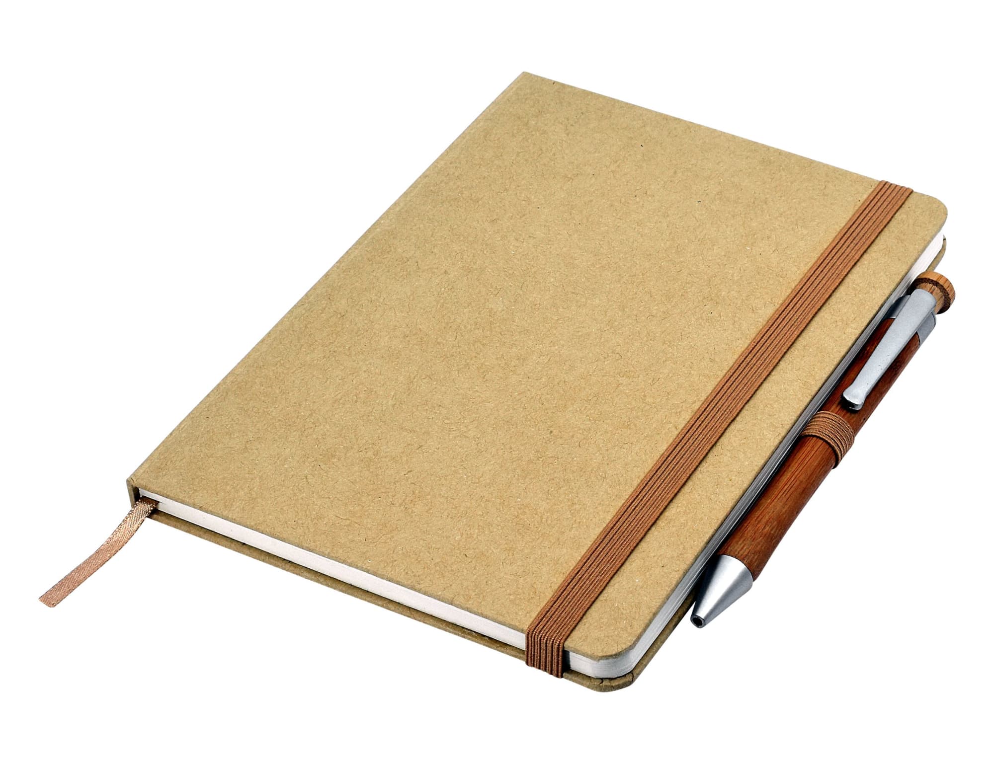 An A5 eco-friendly notebook in natural brown with a brown elastic band and a wooden pen attached.