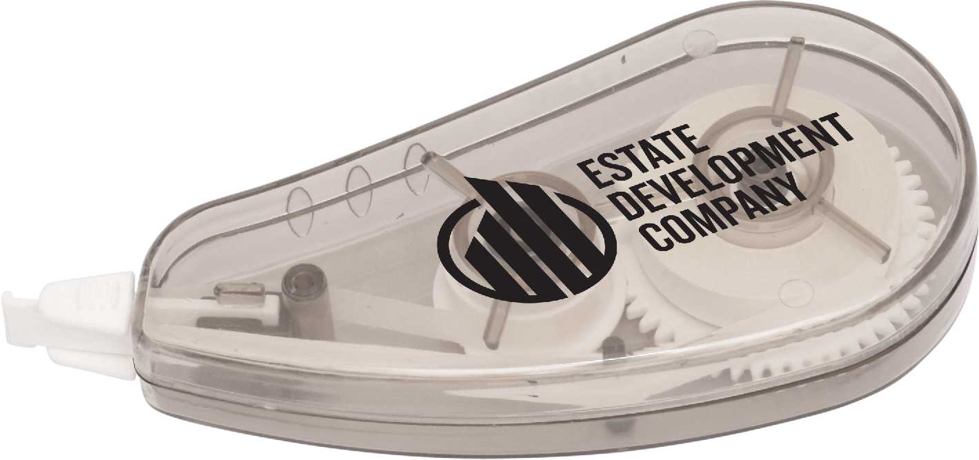 A translucent correction tape dispenser in grey, featuring internal gears and a logo.