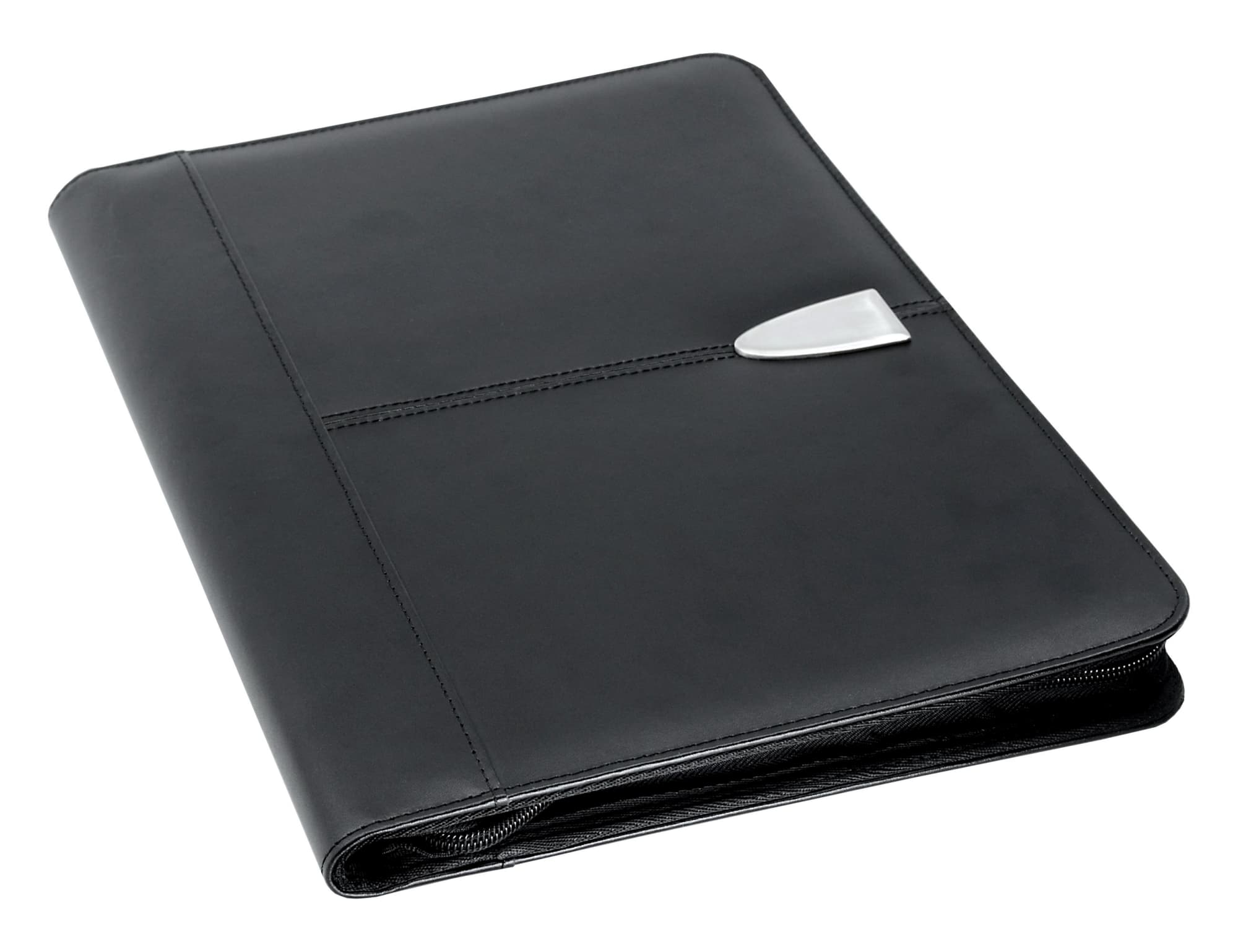 A black leather zip portfolio with a silver clasp, designed for office and business use.