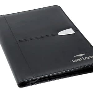 A black leather zip portfolio featuring a silver closure and branding on the front. Suitable for office use.