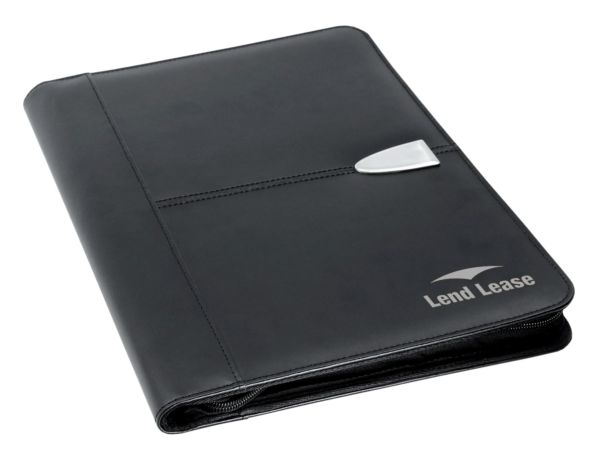 A black leather zip portfolio featuring a silver closure and branding on the front. Suitable for office use.
