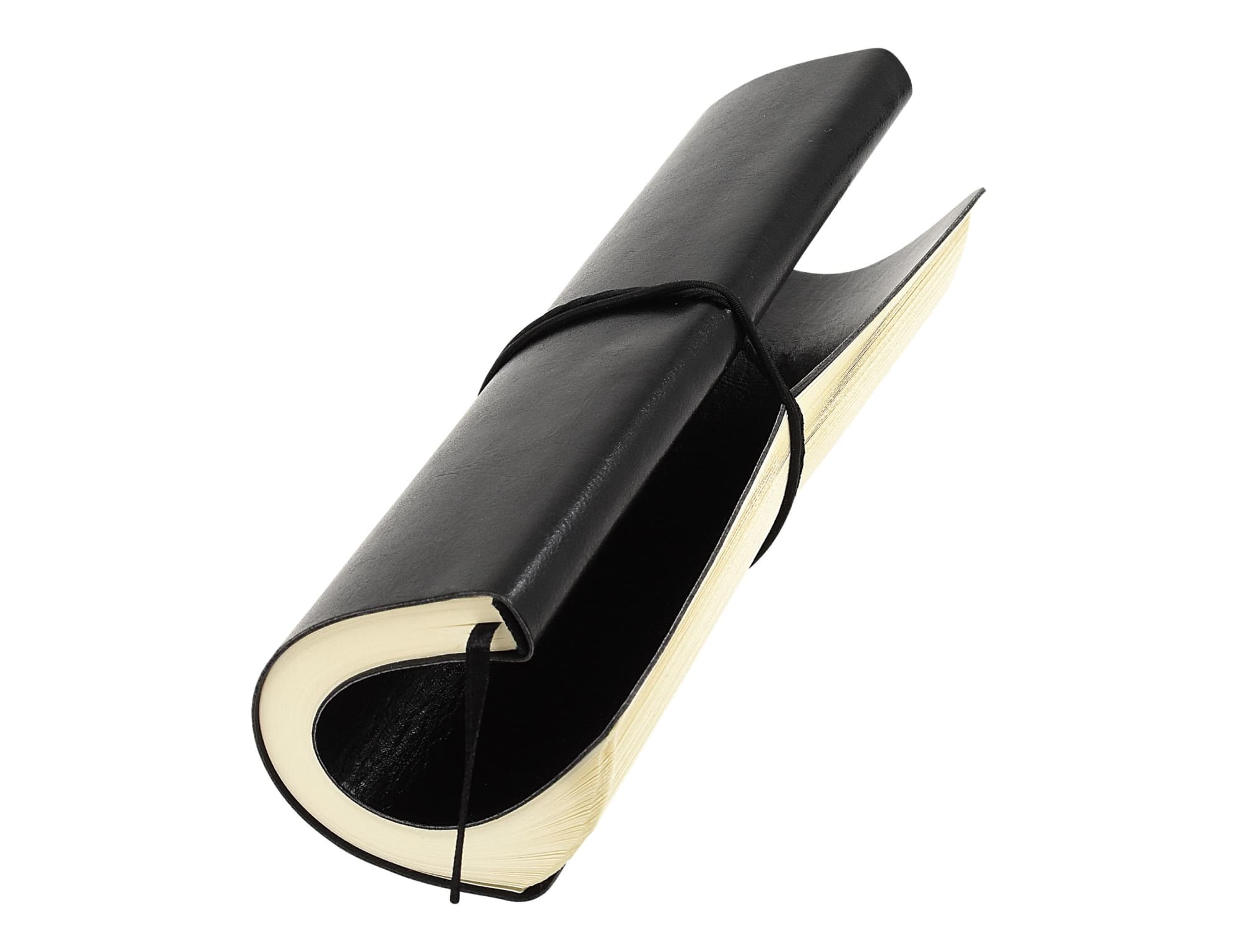 A black Tango Plus A5 notepad with a curved design, featuring elastic closure and blank pages.