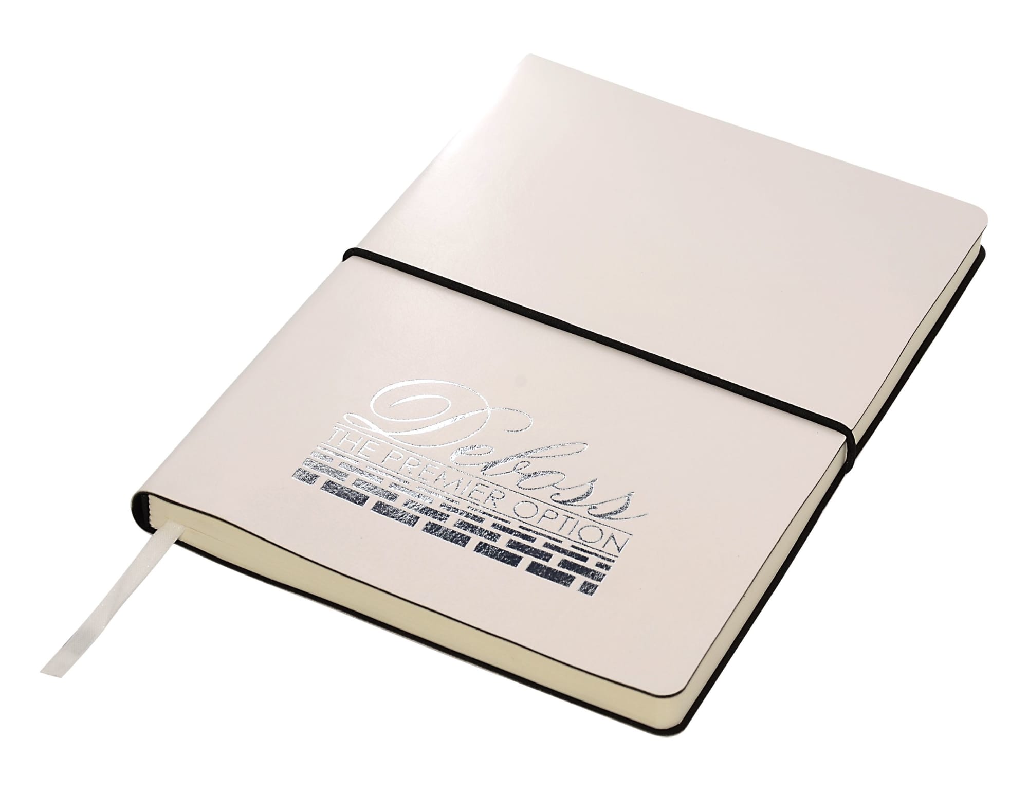 A white A5 notebook with a black elastic band and a logo printed on the cover. It has a ribbon bookmark inside.
