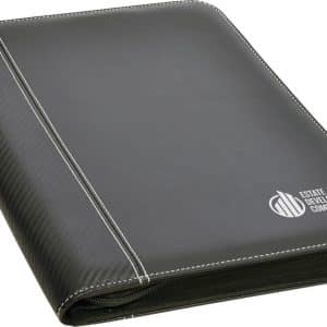 A black A4 zip portfolio with a textured finish and a logo on the front.