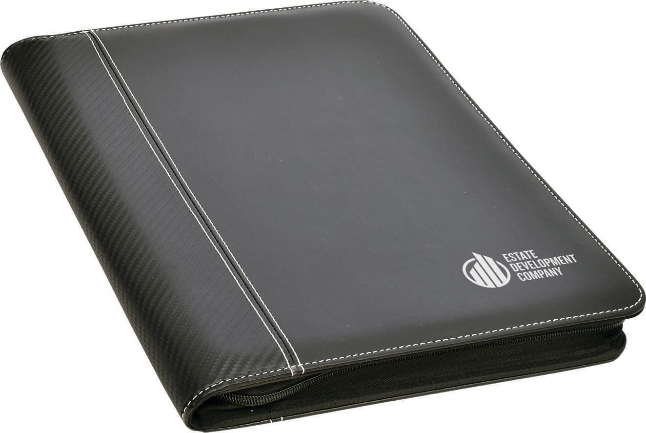 A black A4 zip portfolio with a textured finish and a logo on the front.