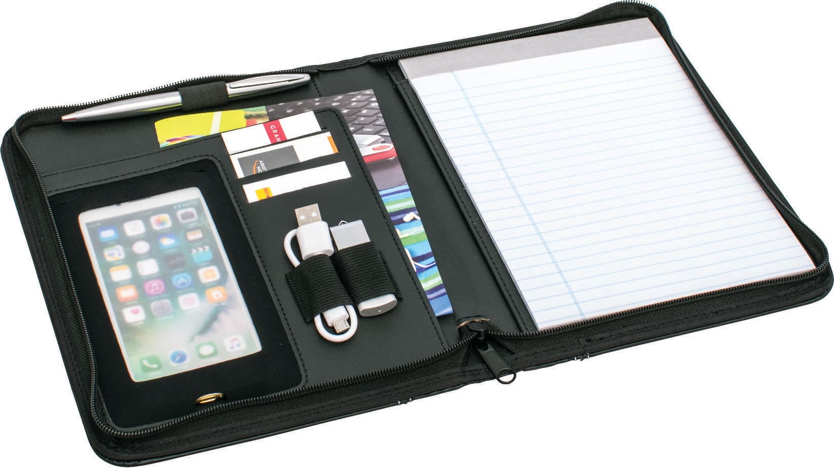 A black zip portfolio featuring a pen, notepad, card slots, a phone pocket, and USB cords.