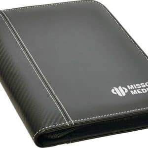 A black A5 zip portfolio with a textured finish and a logo on the front, featuring white stitching.