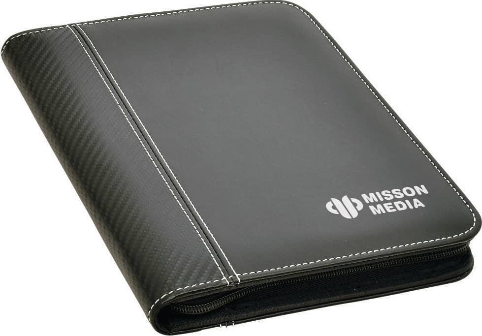 A black A5 zip portfolio with a textured finish and a logo on the front, featuring white stitching.