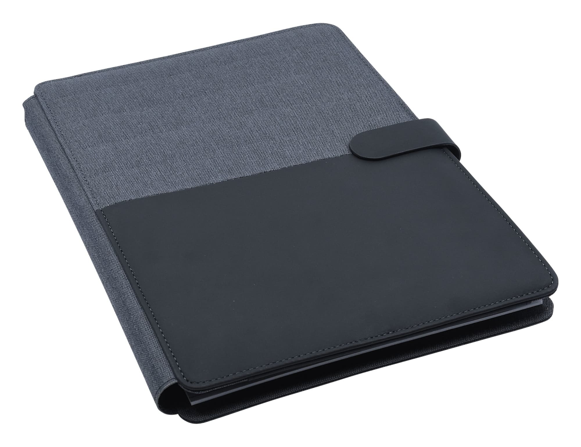 A black and charcoal portfolio with a smooth cover and textured finish, featuring a closure flap.