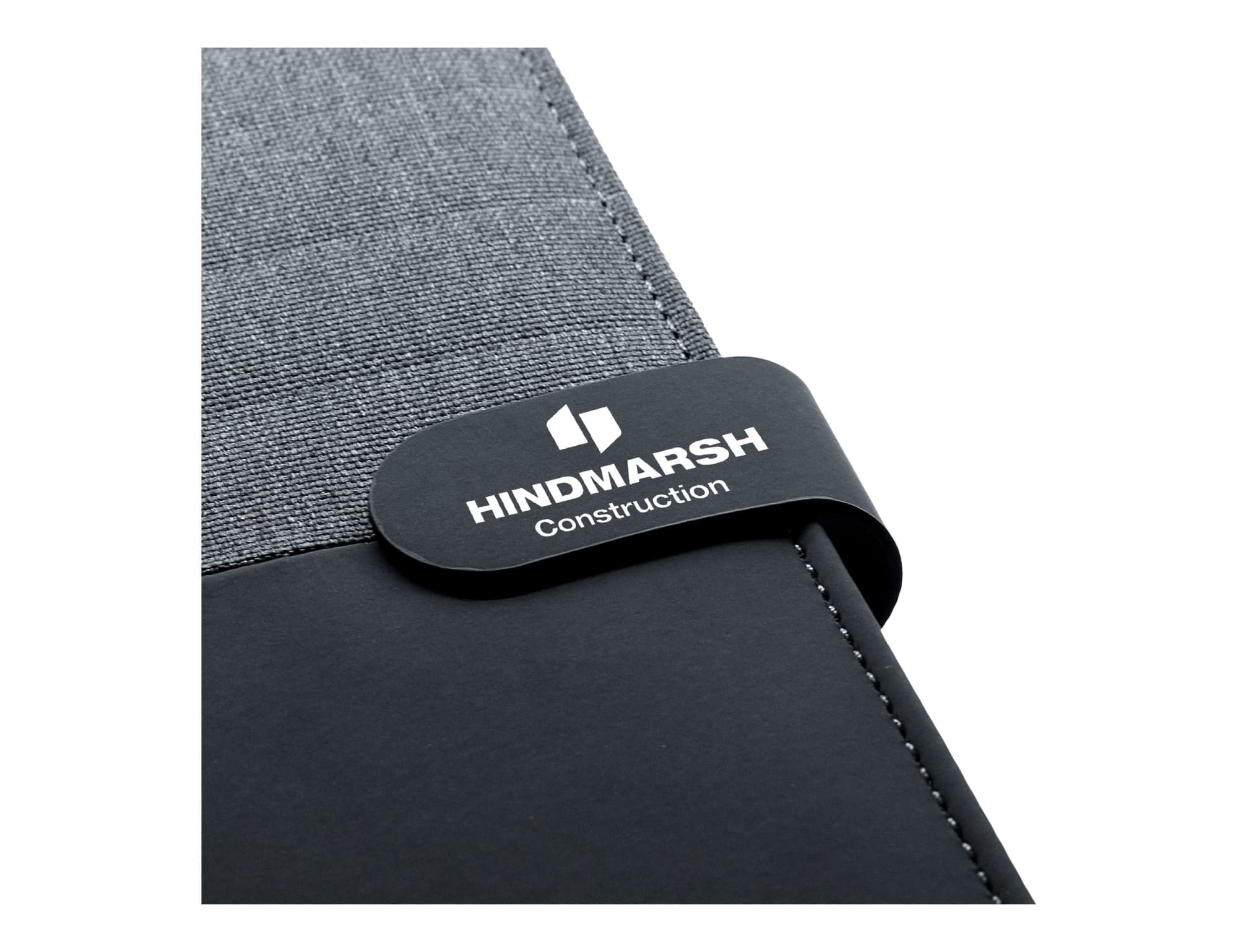 A black and charcoal A4 portfolio featuring a logo and an elastic closure. Suitable for office and business use.