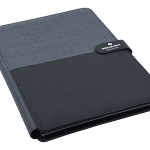 A portfolio in black and charcoal featuring a textured cover and a clip with branding. Ideal for office use.
