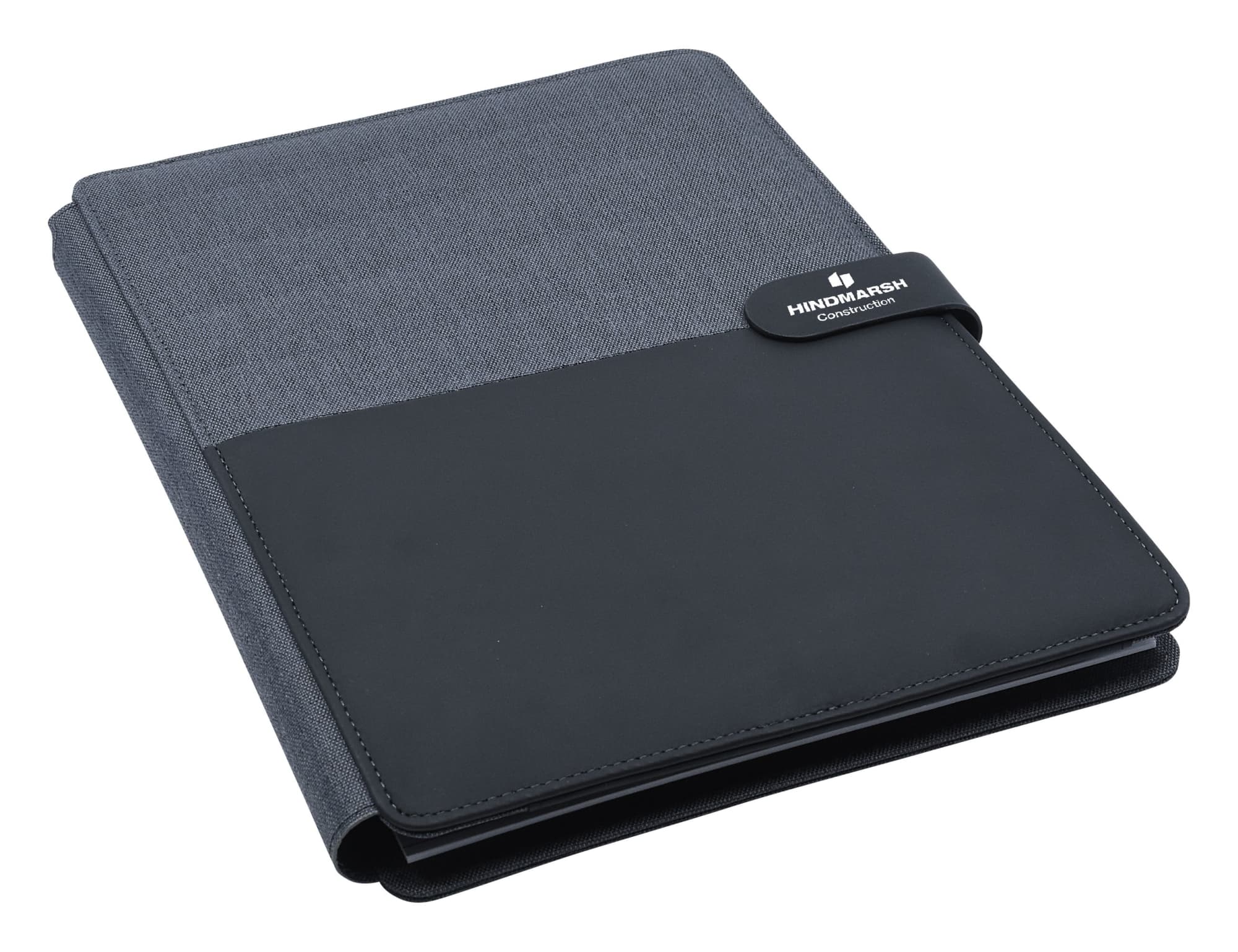 A portfolio in black and charcoal featuring a textured cover and a clip with branding. Ideal for office use.