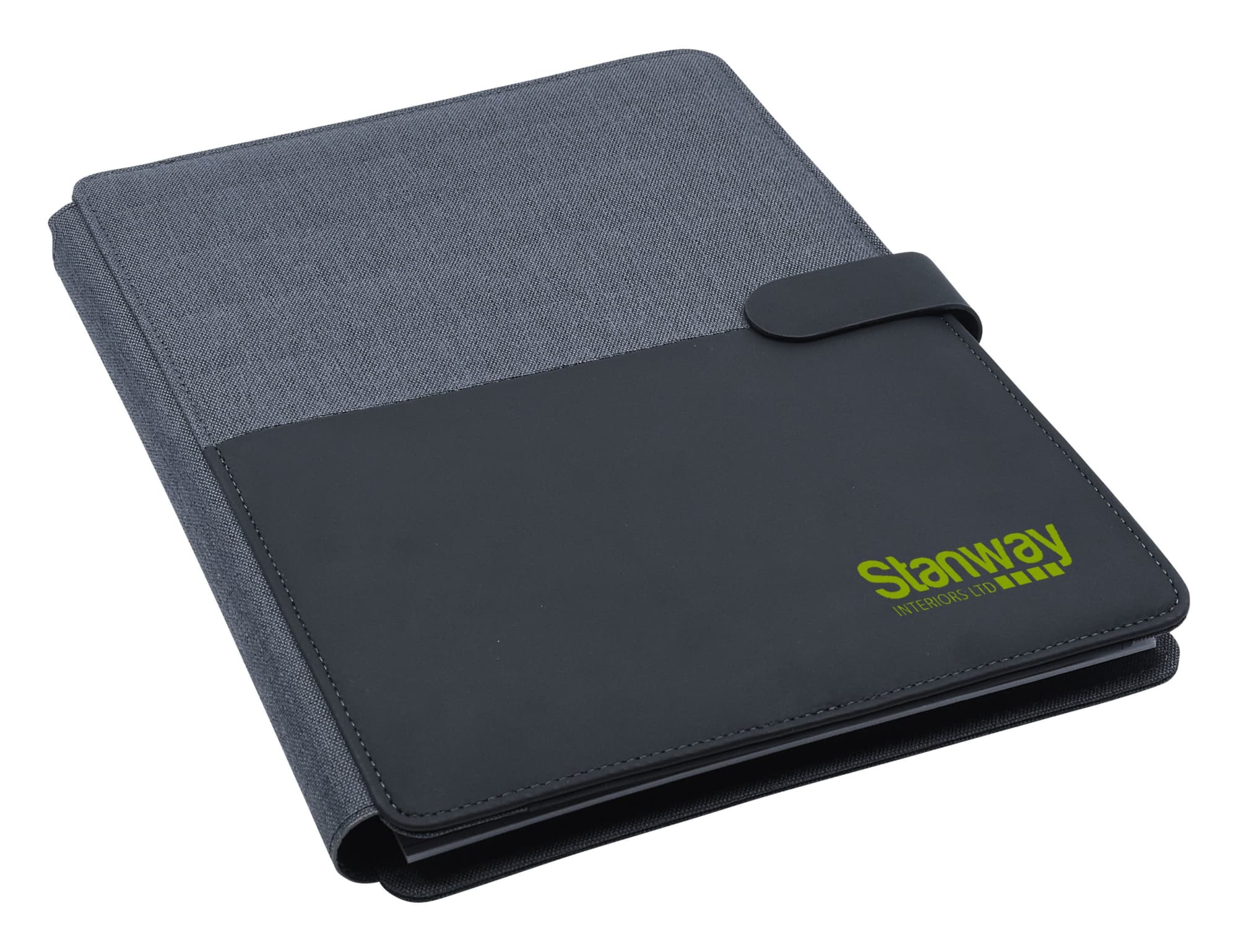 A grey and black A4 portfolio featuring a textured fabric design and a logo on the cover.