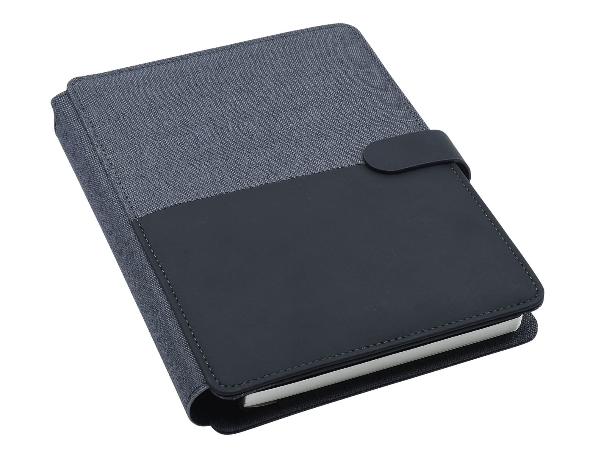 A black and charcoal A5 portfolio with a textured cover and a clasp closure, featuring a logo.
