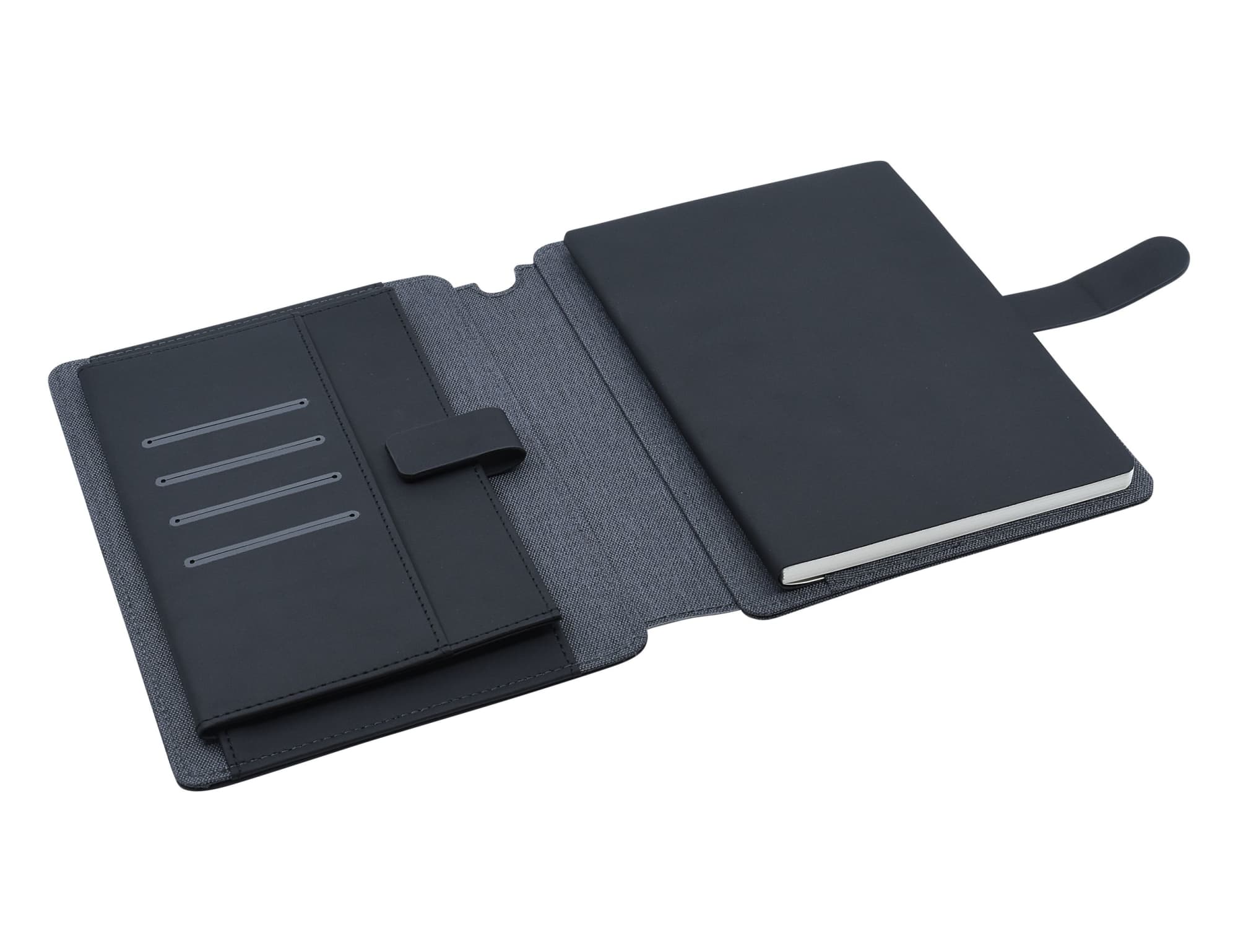 A black and charcoal A5 portfolio open to reveal sections for cards and a notebook. It has a sleek design and a secure closure.