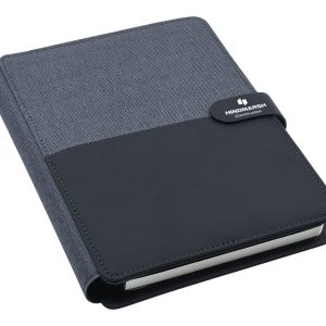 An A5 portfolio in black and charcoal featuring a textured cover and a logo.