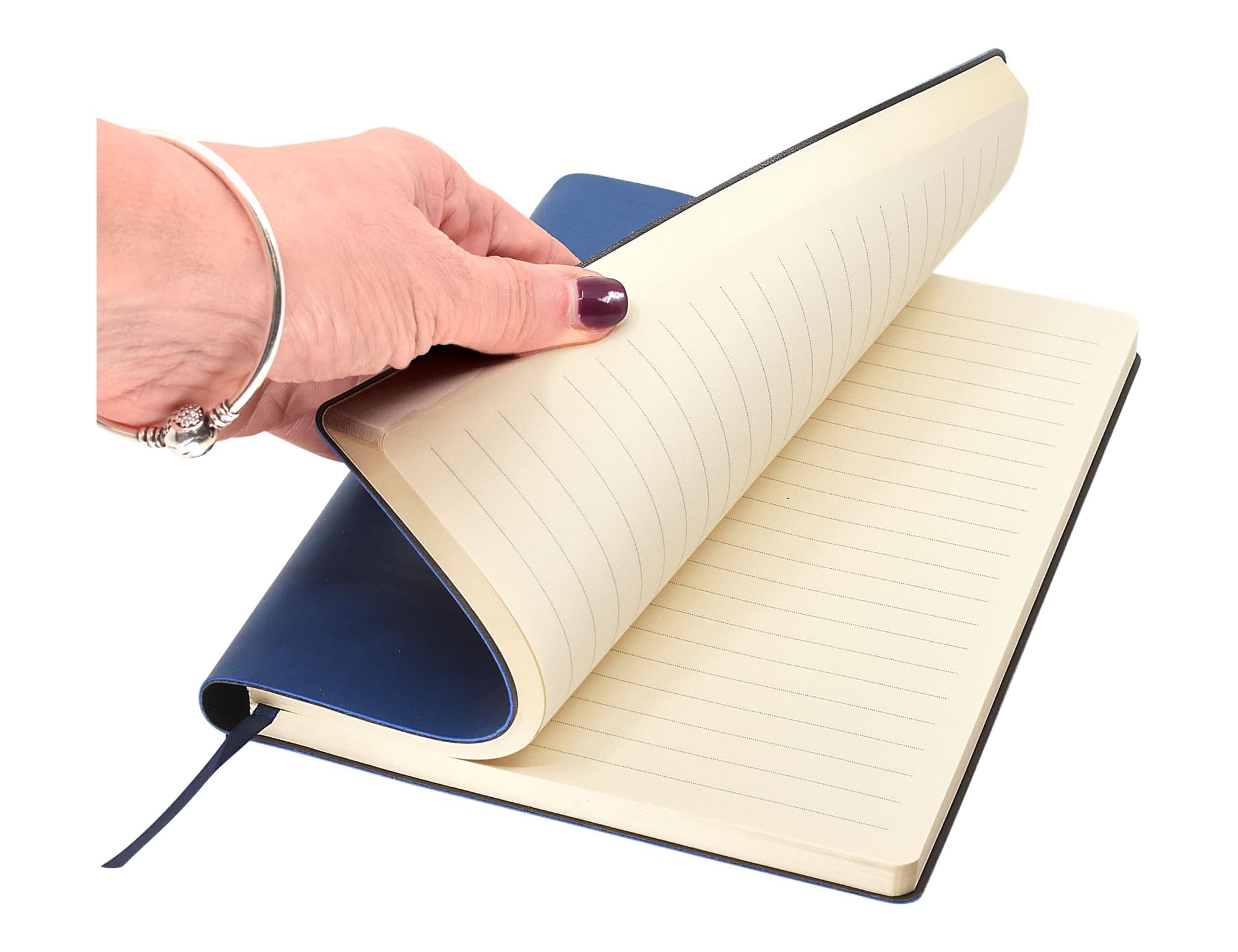 A hand holding a blue A5 notebook with lined pages, featuring a smooth cover and a ribbon bookmark.