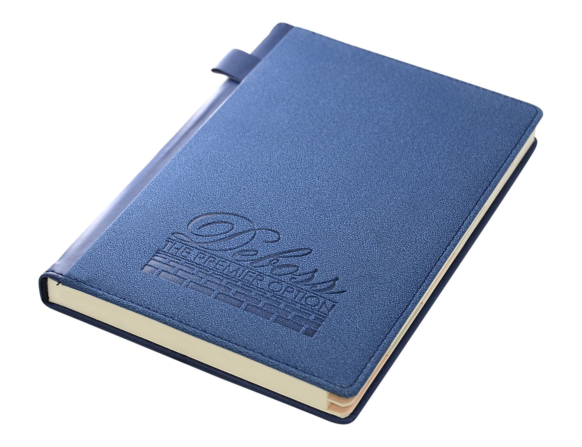 A navy blue A5 notebook with a textured cover and a brand logo embossed on the front.