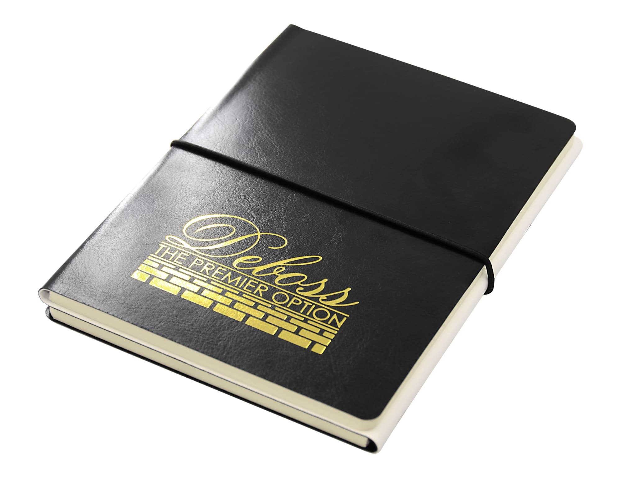 A black A5 notebook with a gold logo, featuring a soft cover and an elastic band closure.