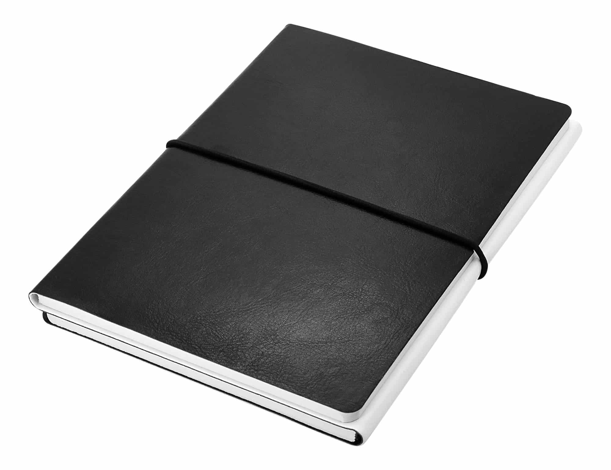 A black and white A5 notebook with a smooth cover and elastic band closure. It features a simple design and a logo.
