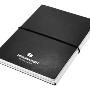 A black and white A5 notebook with a smooth cover and an elastic band, featuring a logo on the front.