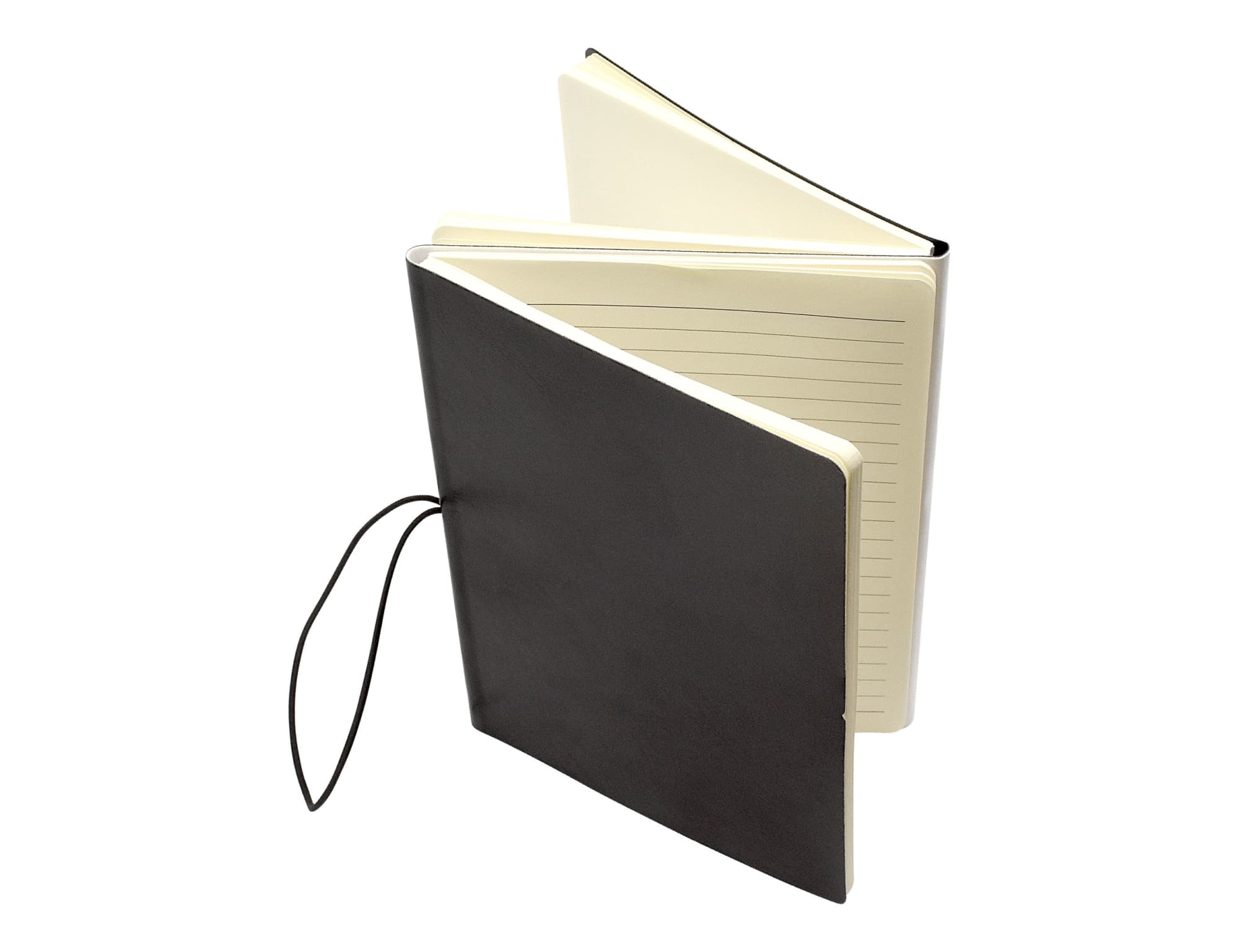 A black and white A5 notebook featuring lined and blank pages, with a black elastic closure and a branded logo.