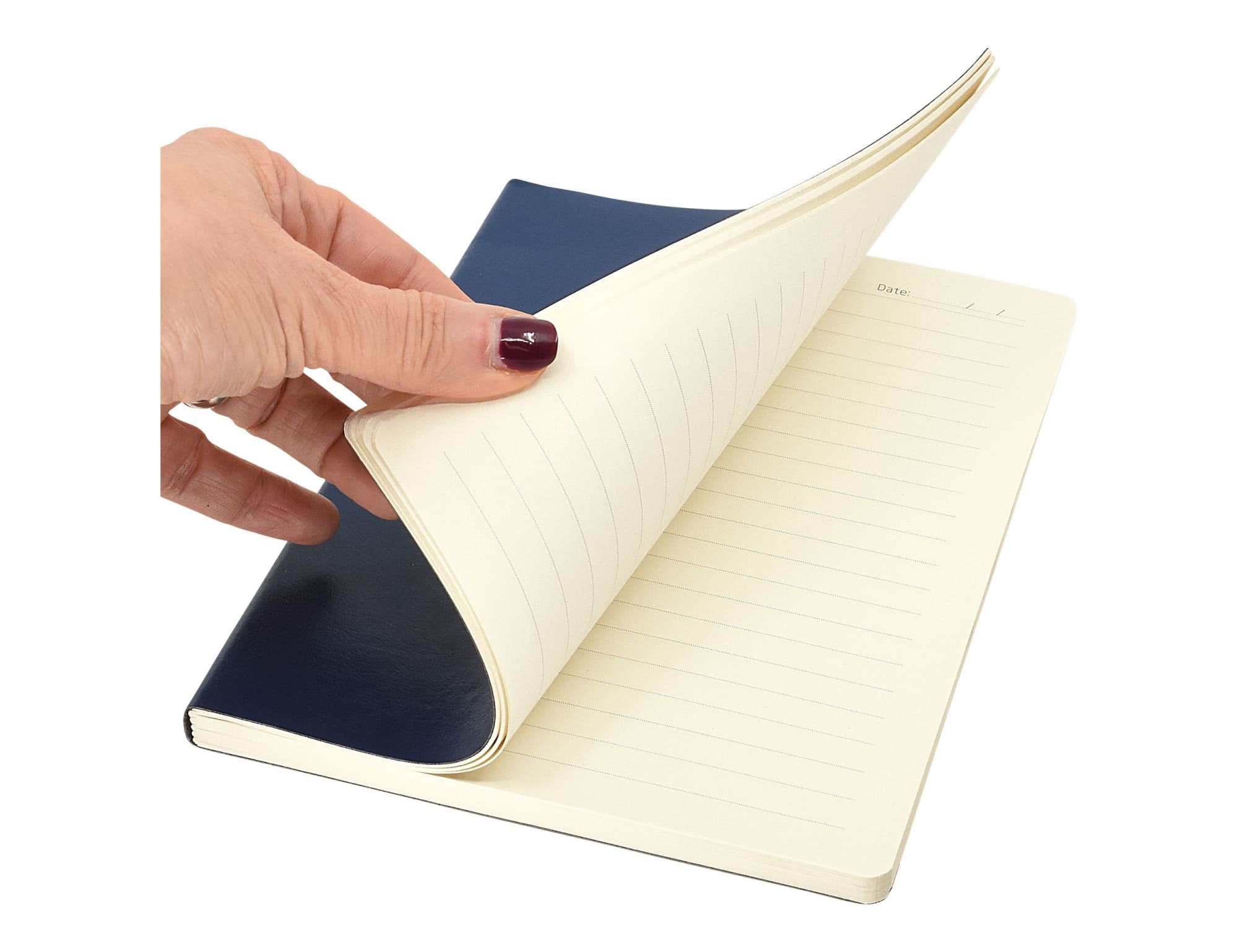 A navy and cream Zenith A5 Notebook, featuring lined pages and a sleek cover design, held open by a hand.
