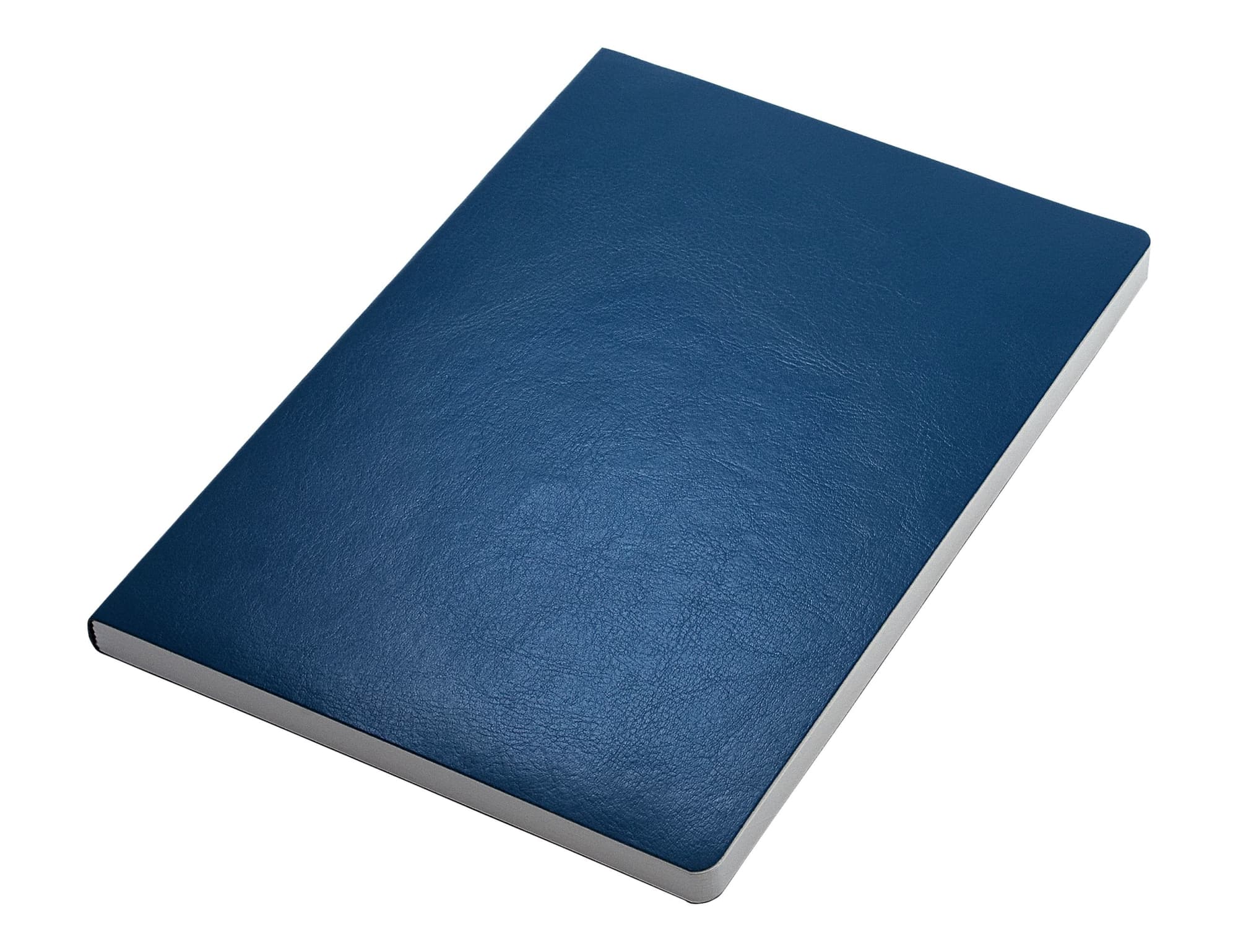 A navy blue A5 notebook with a textured cover and a white spine, featuring a simple design and a logo.