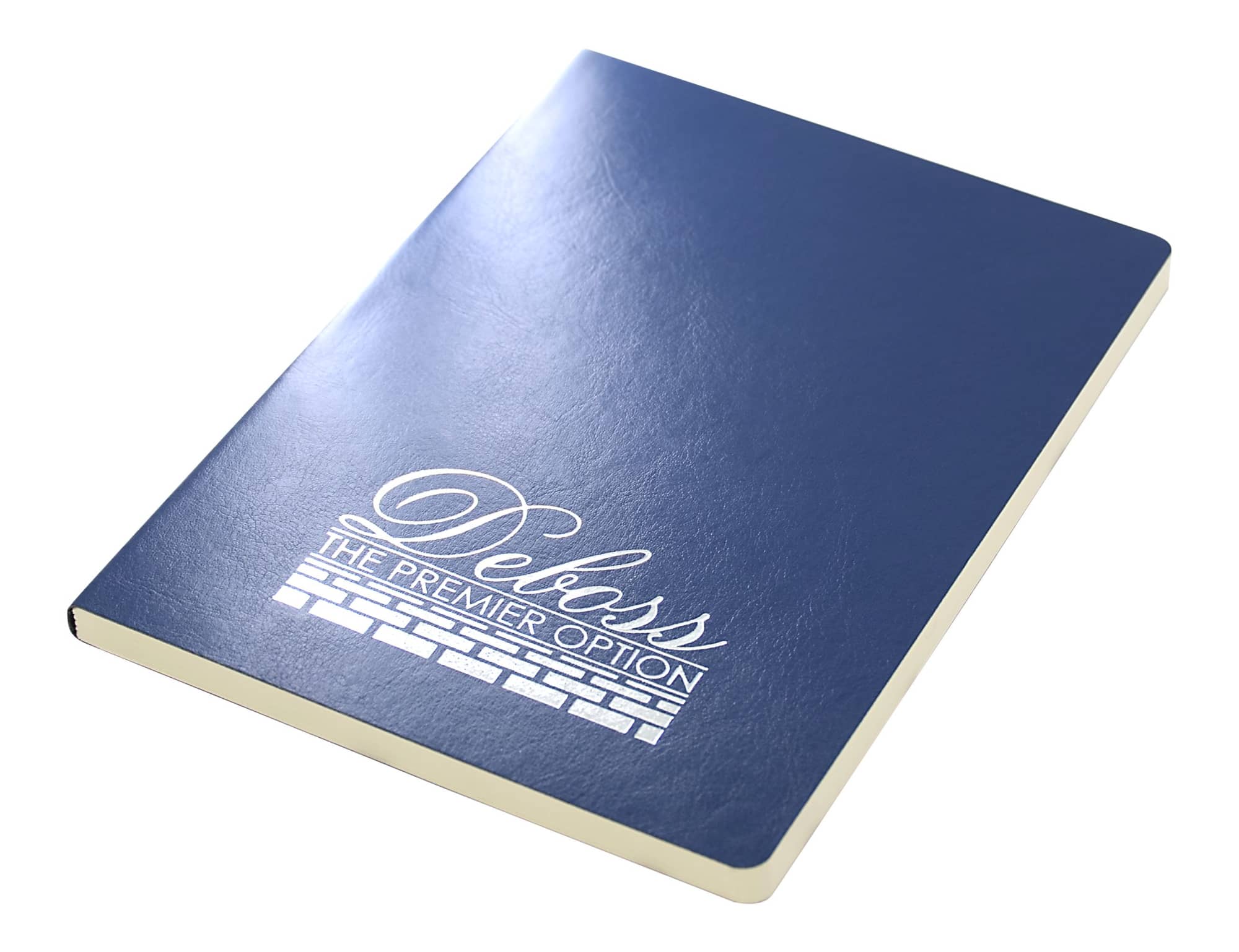 A navy blue A5 notebook with a smooth cover and a logo printed on the front.