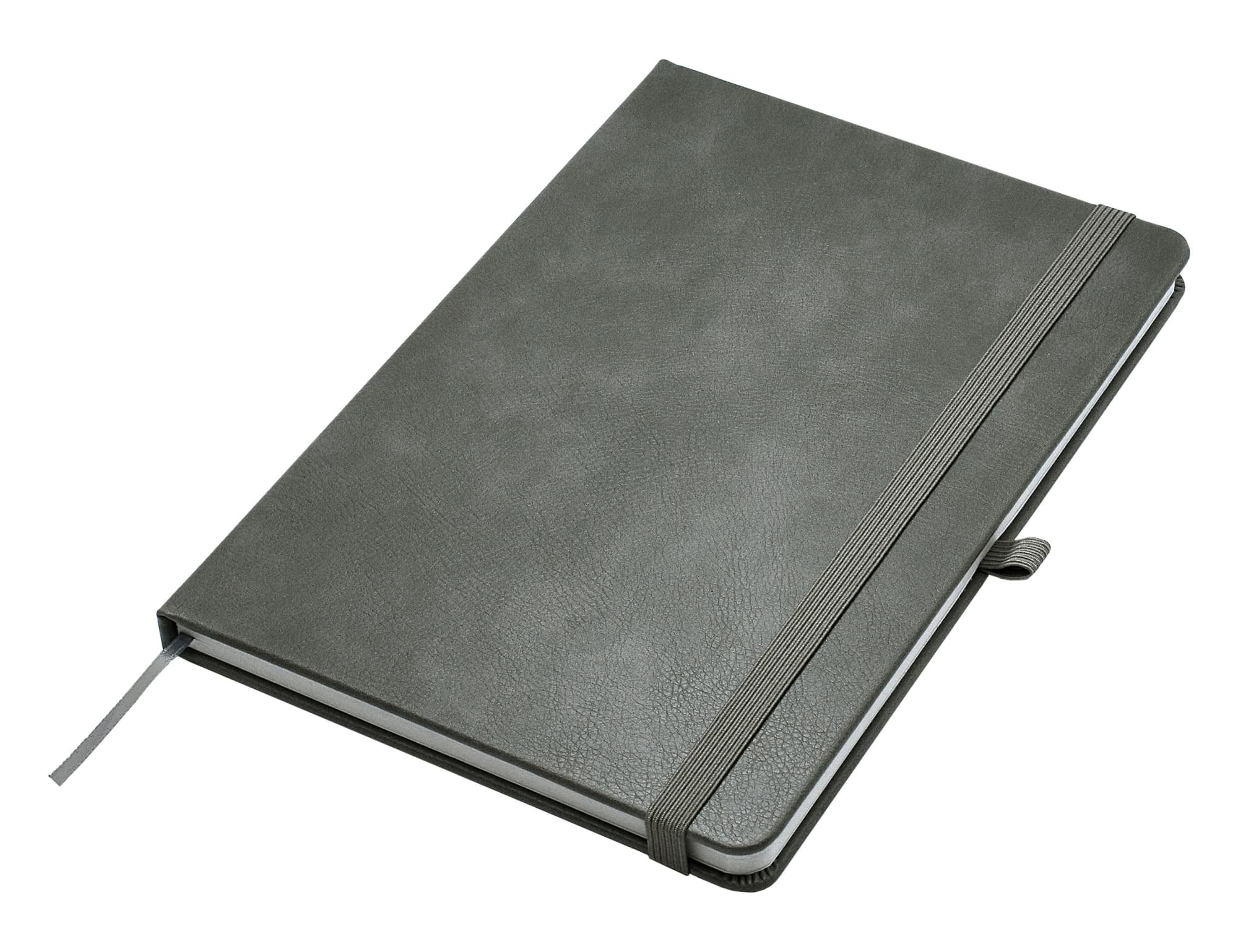A green Apex A5 notebook with a textured cover, an elastic closure, and a ribbon marker.