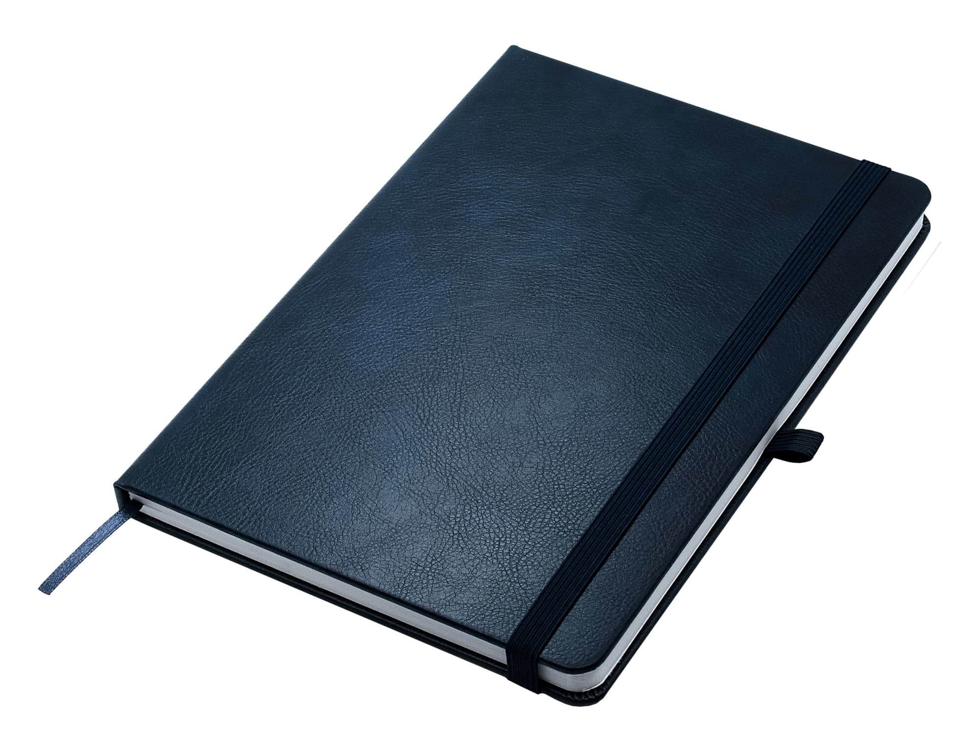 Apex A5 notebook with a black textured cover and an elastic band closure, featuring a ribbon bookmark.