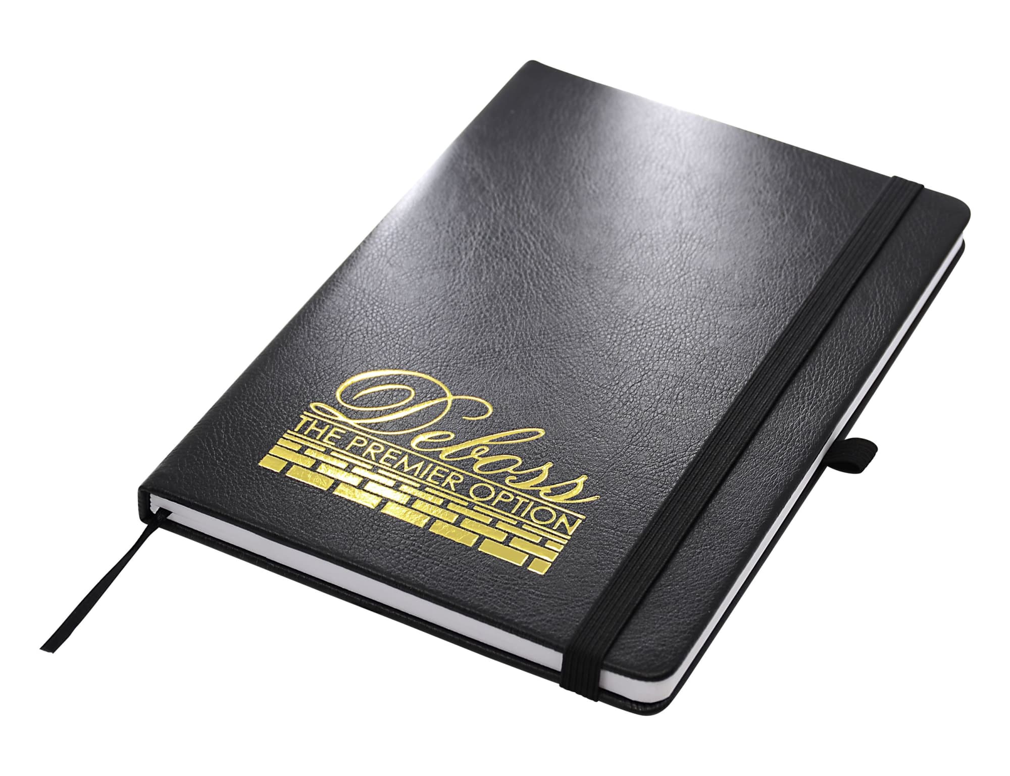 A black A5 notebook with a textured cover, featuring a gold logo on the front and an elastic closure.