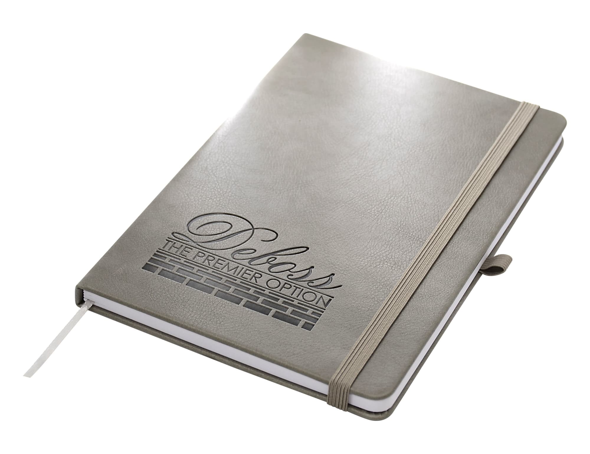A grey A5 notebook with an elastic band and a ribbon marker, featuring a logo on the cover.