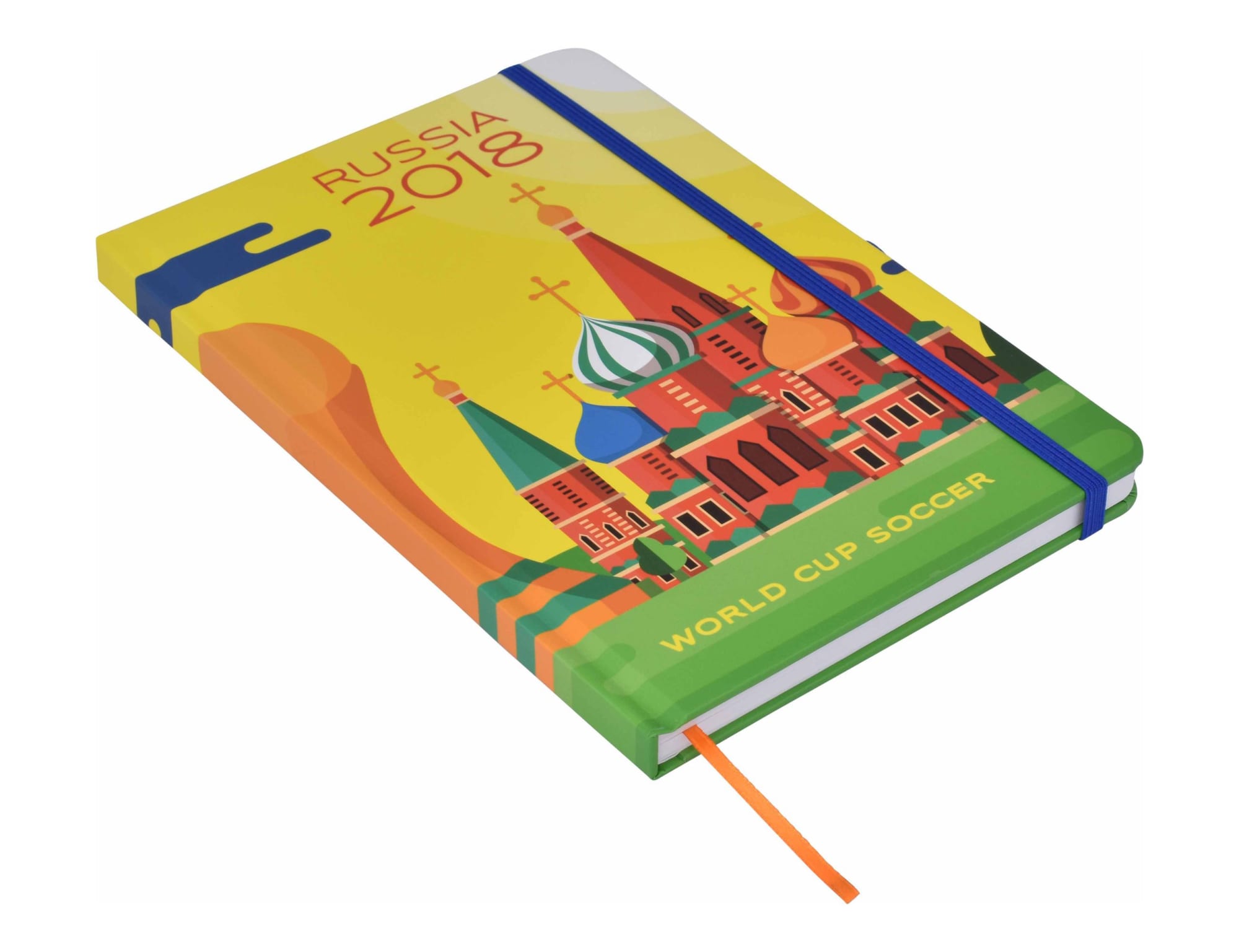 A vibrant A5 notebook with a colourful cover featuring a design inspired by Russia 2018, including a logo and elastic band.