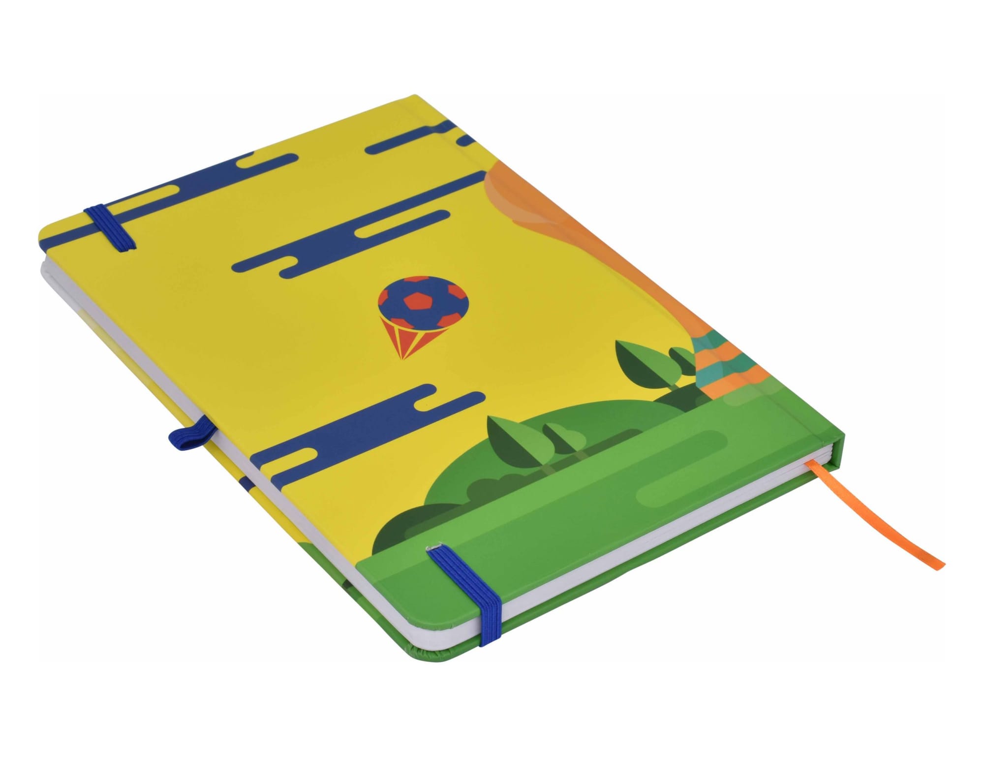 A full colour A5 notebook featuring a vibrant yellow cover with playful illustrations of a ball and landscape.