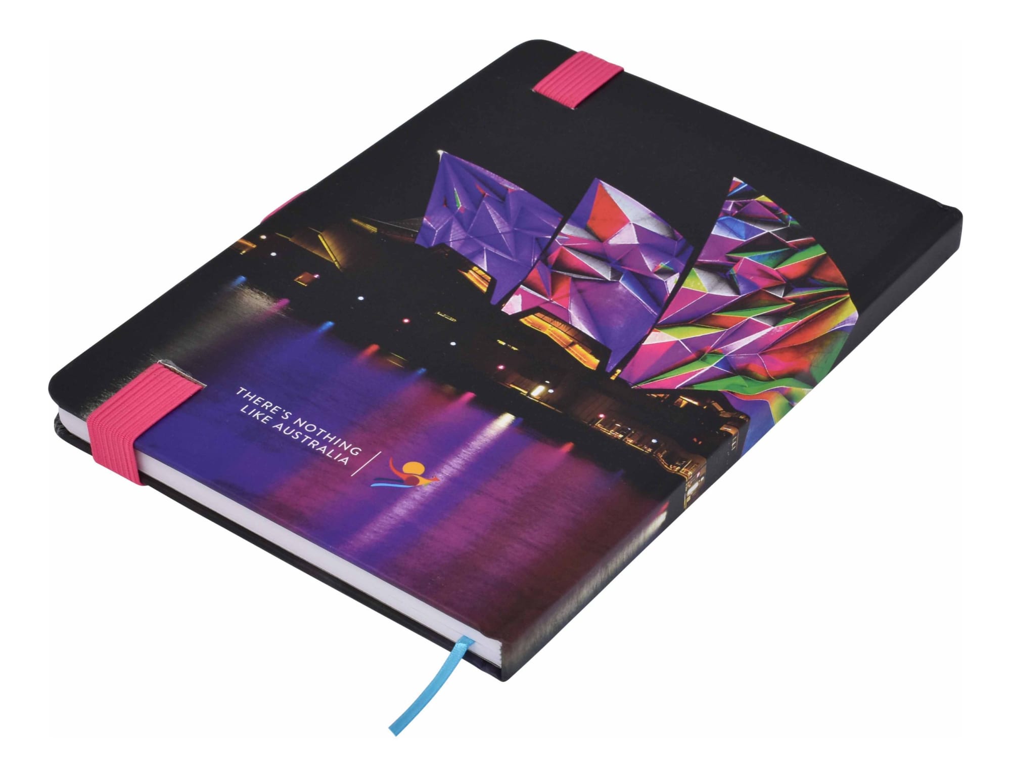 A5 notebook with a full colour cover featuring a vibrant design, black edges, and pink elastic bands.