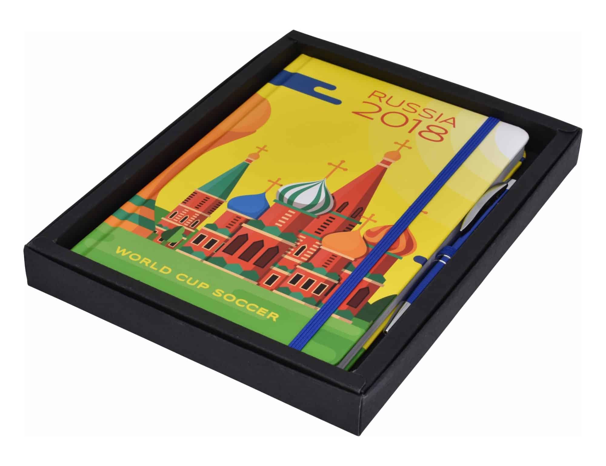 A vibrant A5 notebook featuring colourful Russian architecture, packaged in a black box with a pen included.