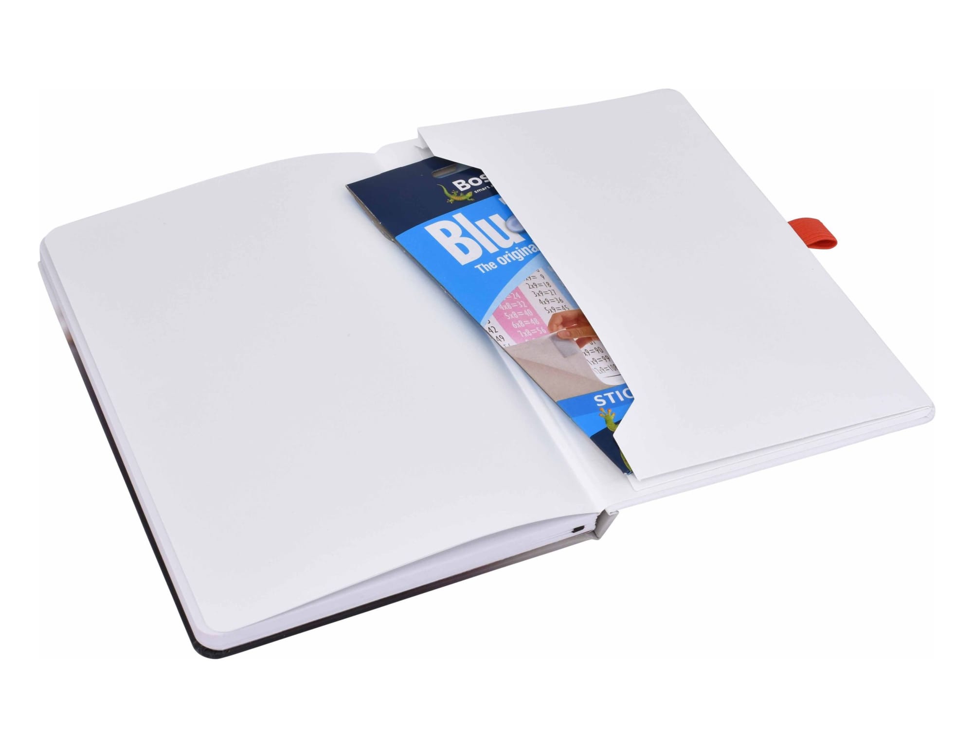 A full-colour A5 notebook with a matte finish, featuring an orange ribbon marker and an inner pocket.