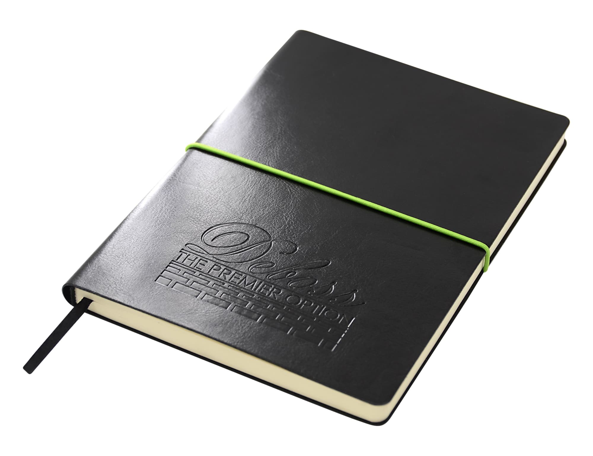 A black A5 notepad with a textured cover and an elastic band, featuring an embossed logo.