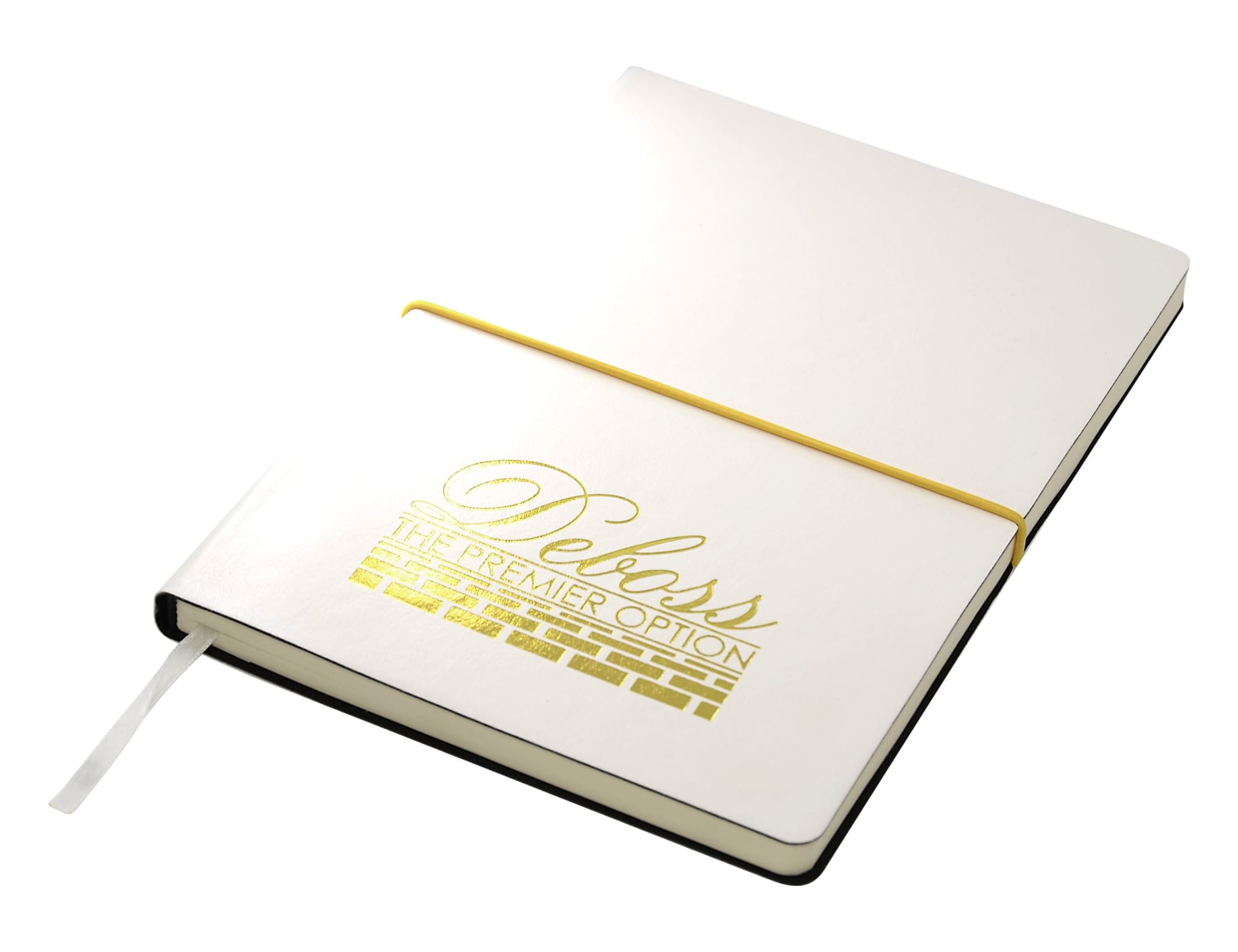 A white A5 notepad with a yellow elastic band and gold branding on the cover.