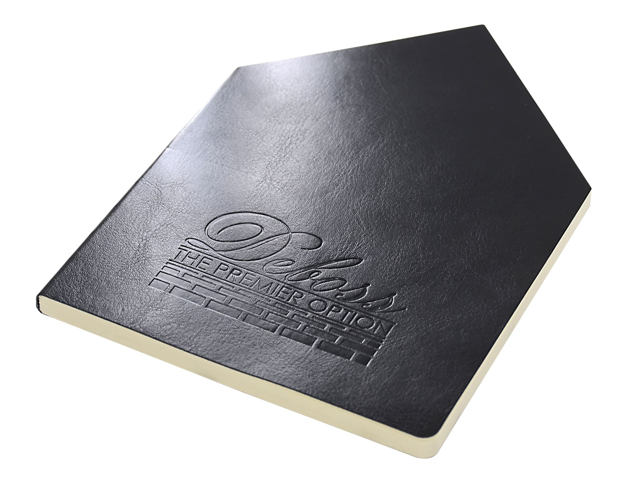 A black A5 notebook with a textured cover and embossed logo, featuring a unique pentagon shape.