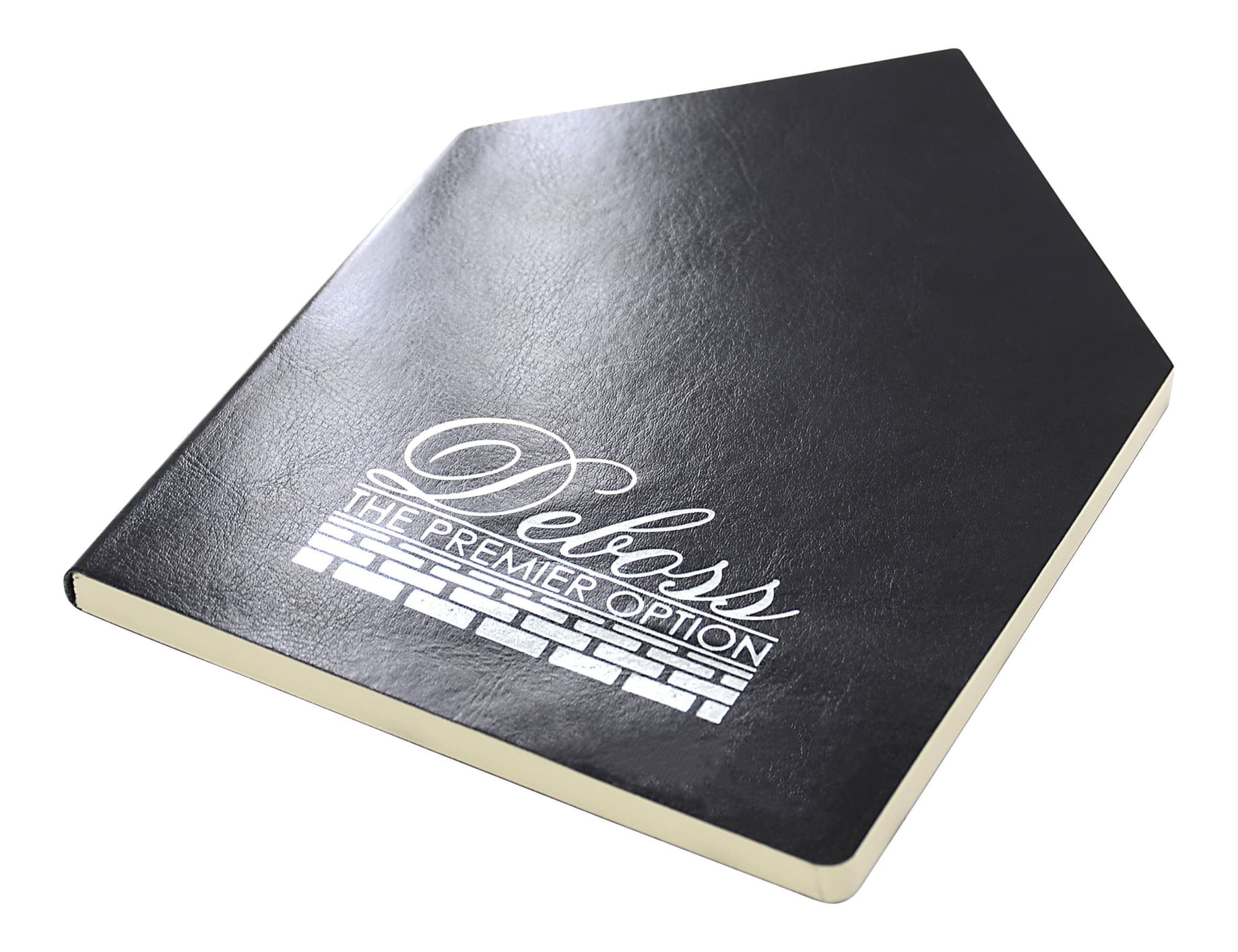 A black A5 notebook with a unique diagonal cover shape and a logo on the front.