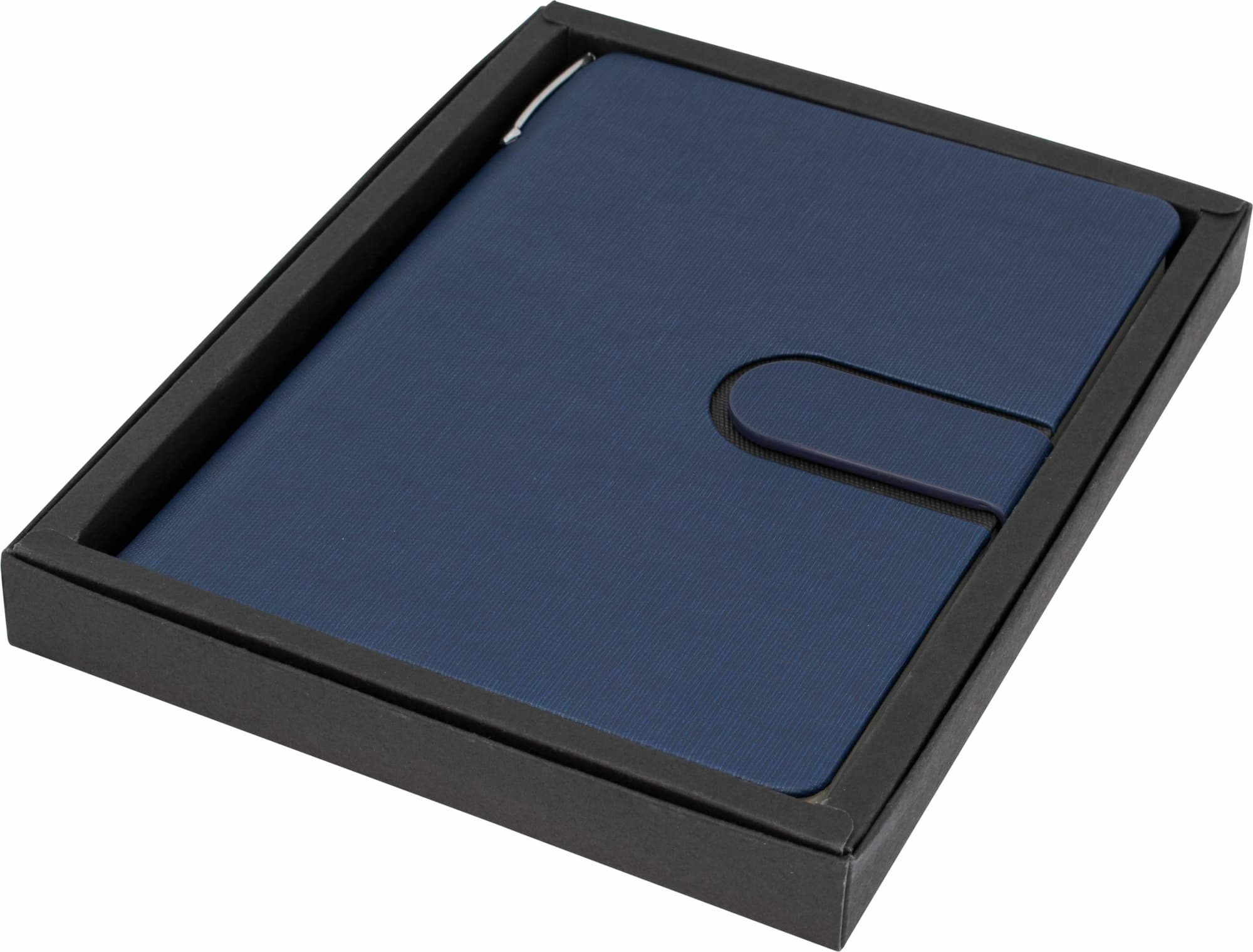 A navy A5 notebook in a black cardboard box, featuring a simple flap closure and a branding logo.