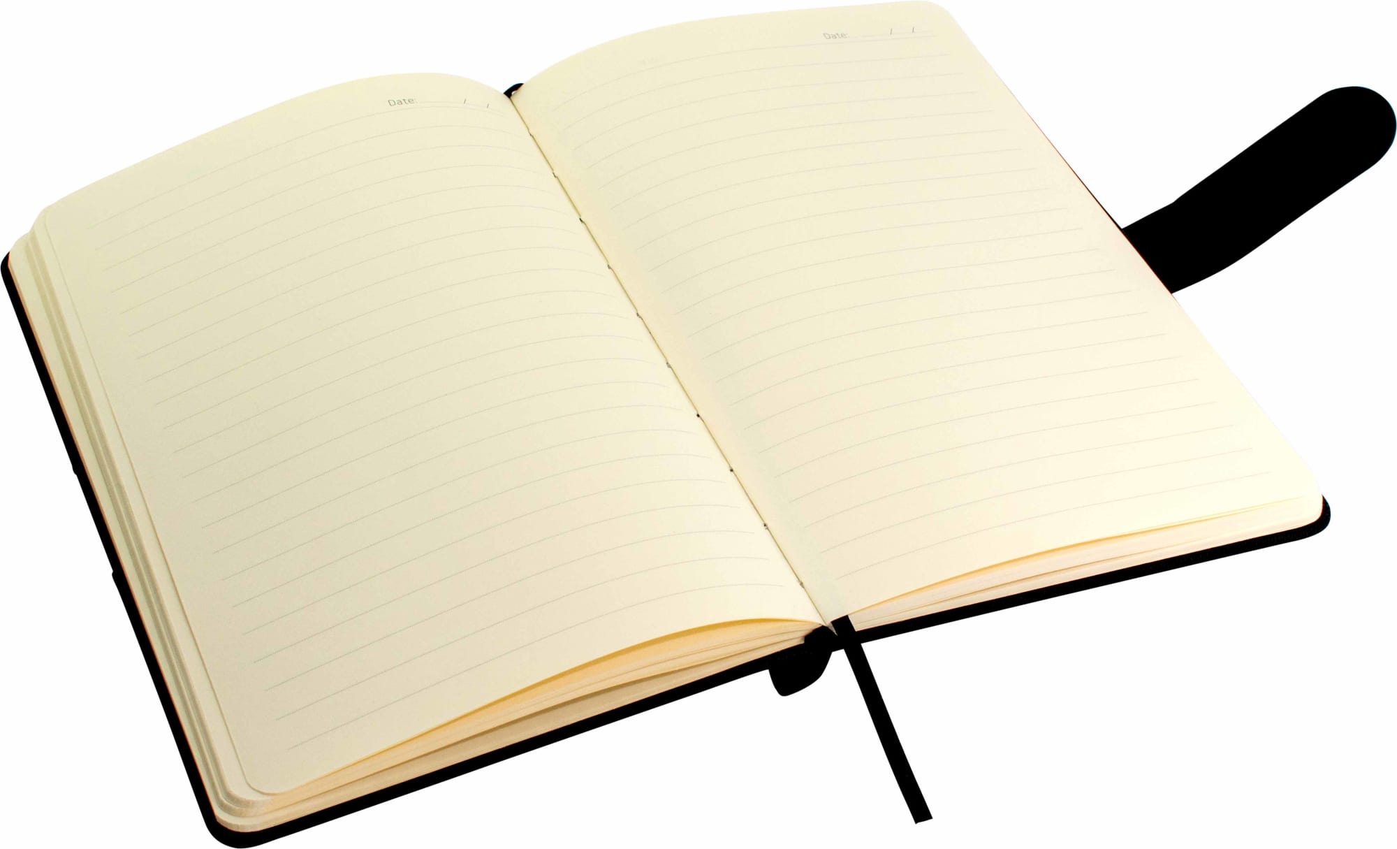 An open A5 notebook with lined pages, featuring a black cover and ribbon bookmark.