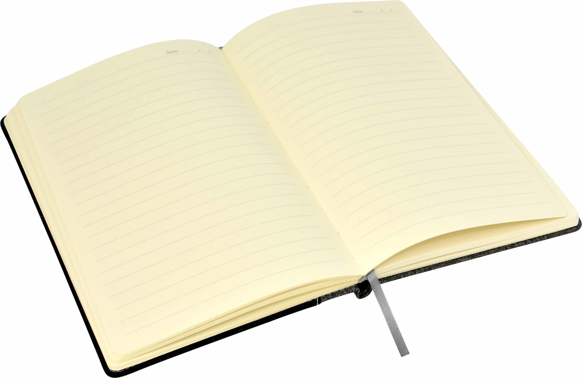 An open A5 notebook with lined pages and a black/grey cover, featuring a ribbon bookmark.
