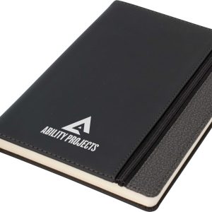 A black A5 notebook with a dark grey trim and a zippered pocket. Features a logo on the cover.