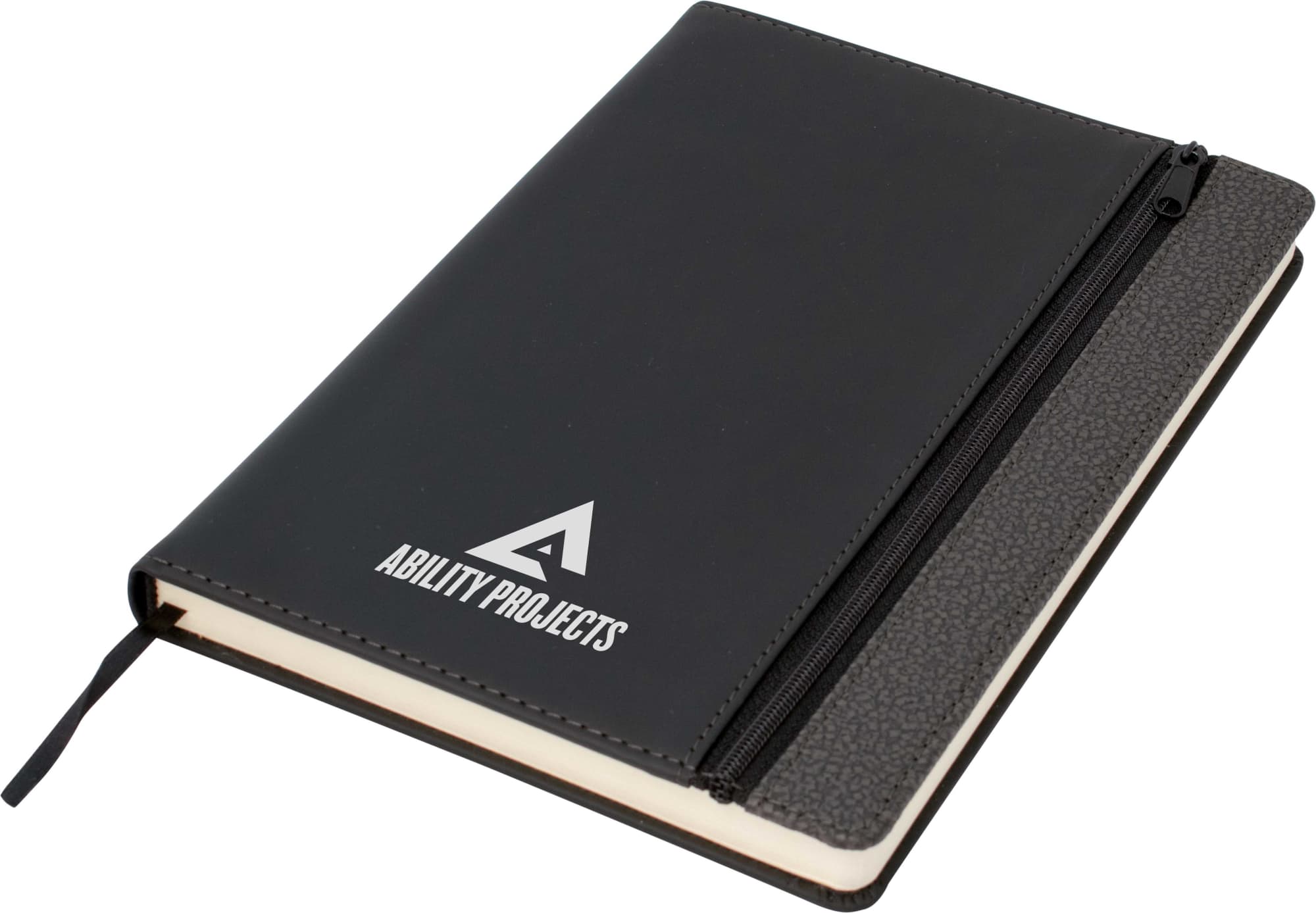 A black A5 notebook with a dark grey trim and a zippered pocket. Features a logo on the cover.