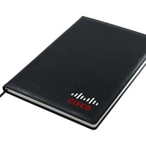 A black A4 notebook with a textured cover and a logo. It features a ribbon marker and is blank inside.