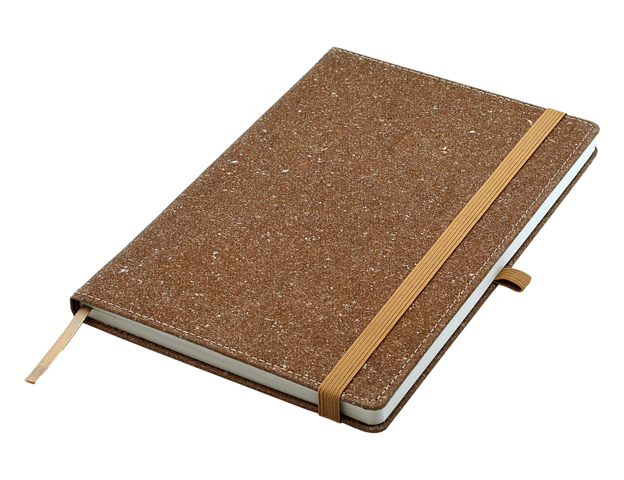 A brown bonded leather A5 notebook with an elastic closure and a ribbon marker, featuring a logo on the cover.