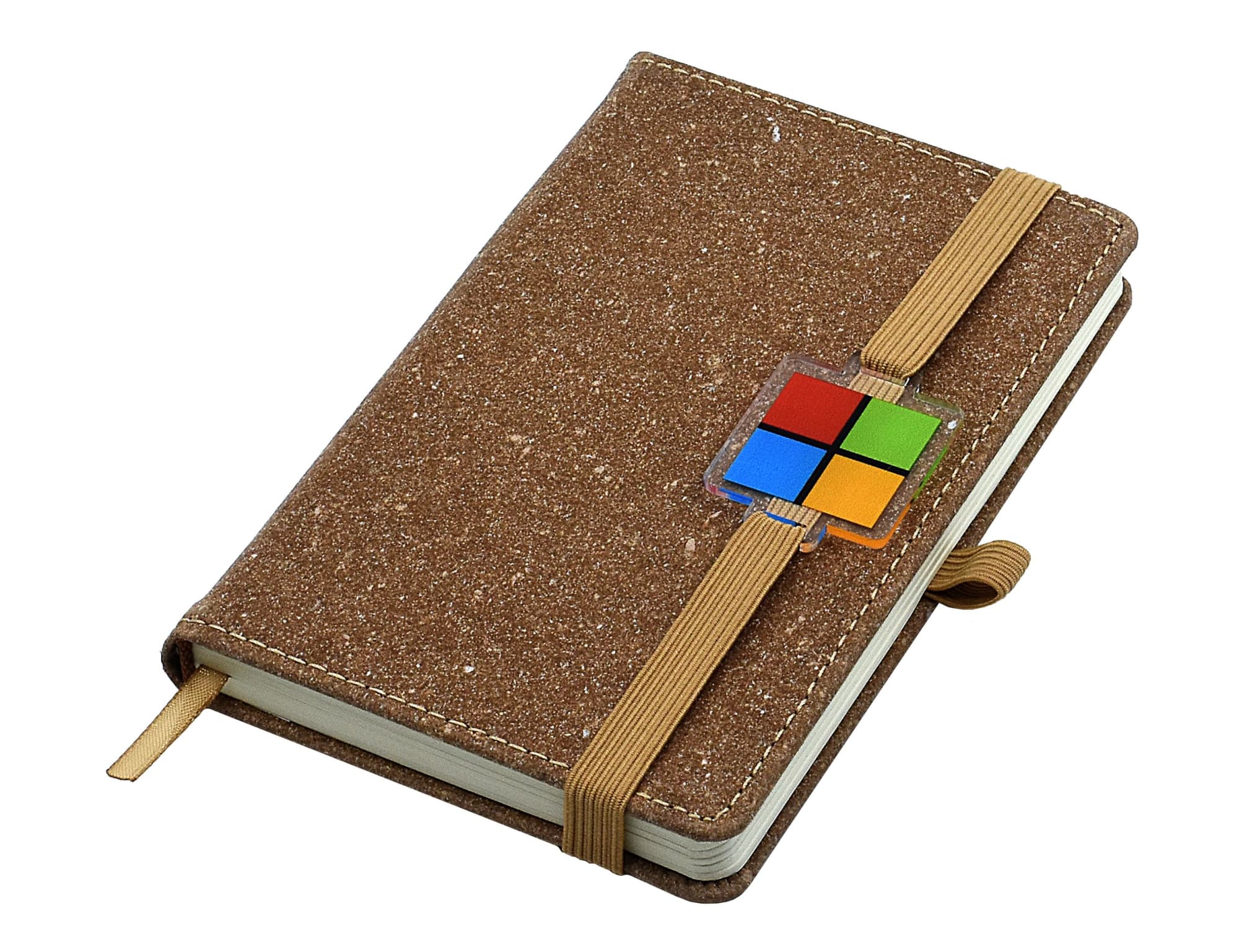 A brown bonded leather notebook with a clasp and a logo on the front, featuring an elastic closure.